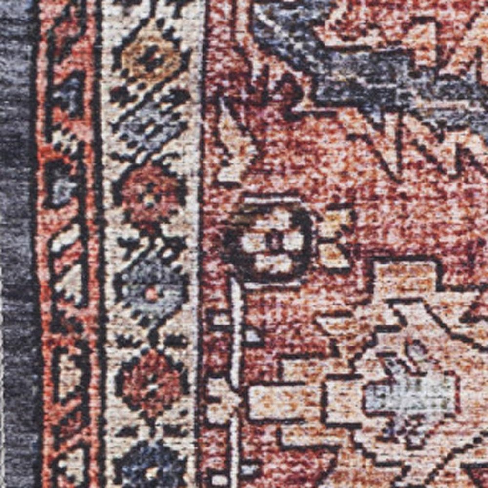 4' X 6' Blue and Red Oriental Power Loom Distressed Washable Non Skid Area Rug