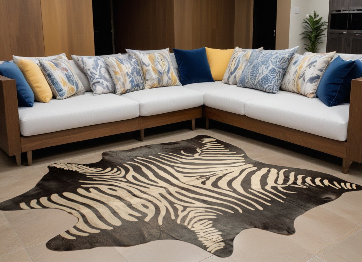 6' X 7' Gray and Black Zebra Print Genuine Cowhide Area Rug
