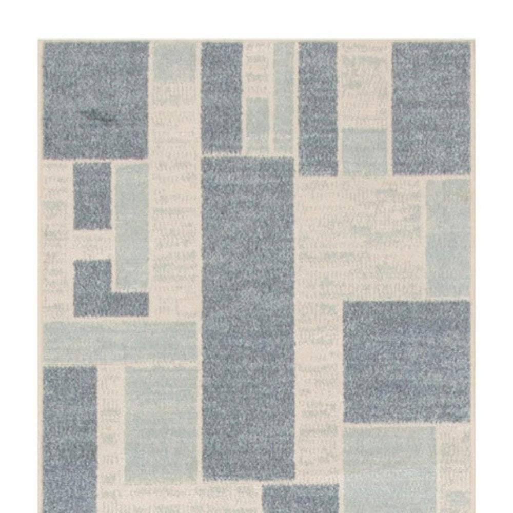 8' Blue And Ivory Geometric Washable Runner Rug