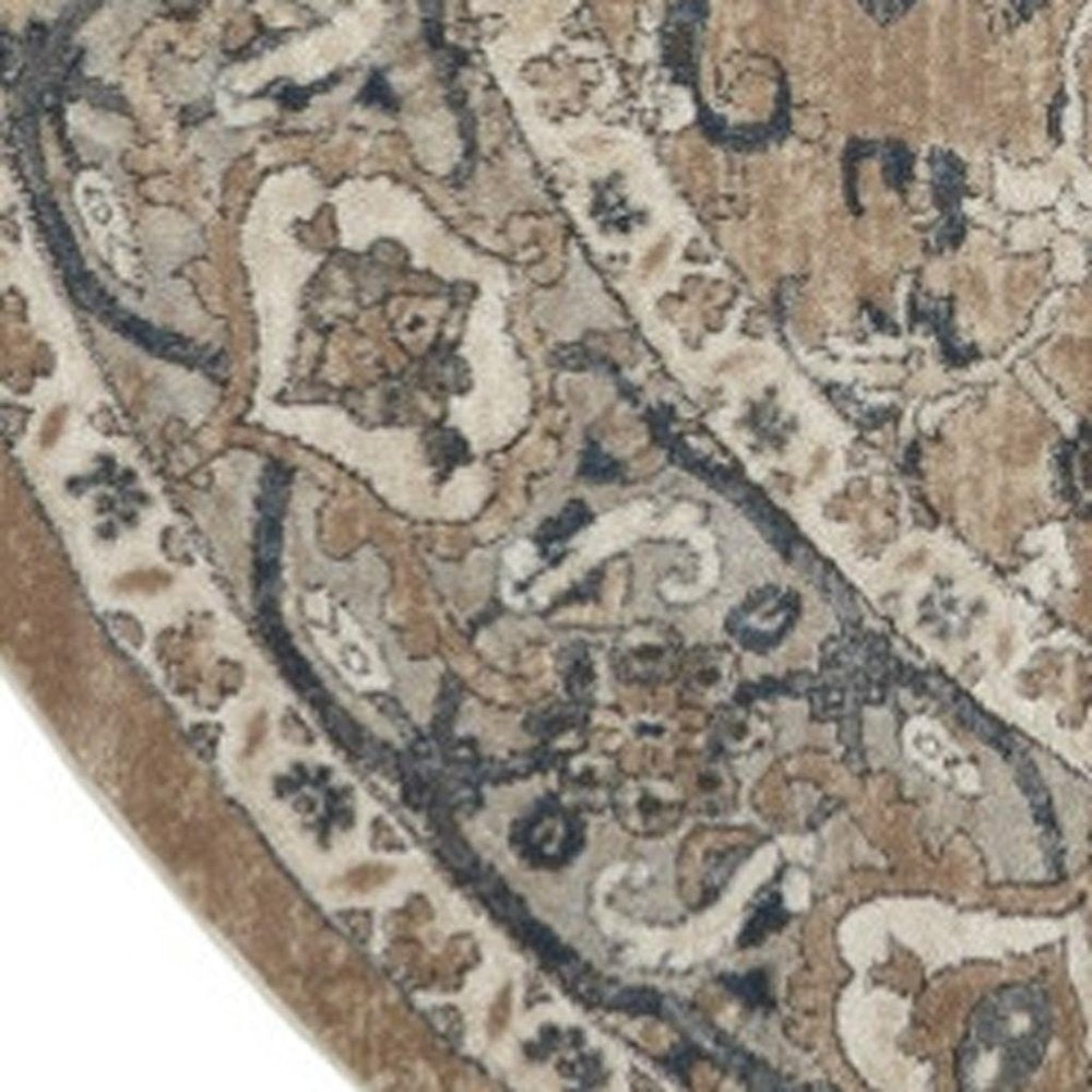 10' Beige and Gray Round Medallion Power Loom Distressed Area Rug