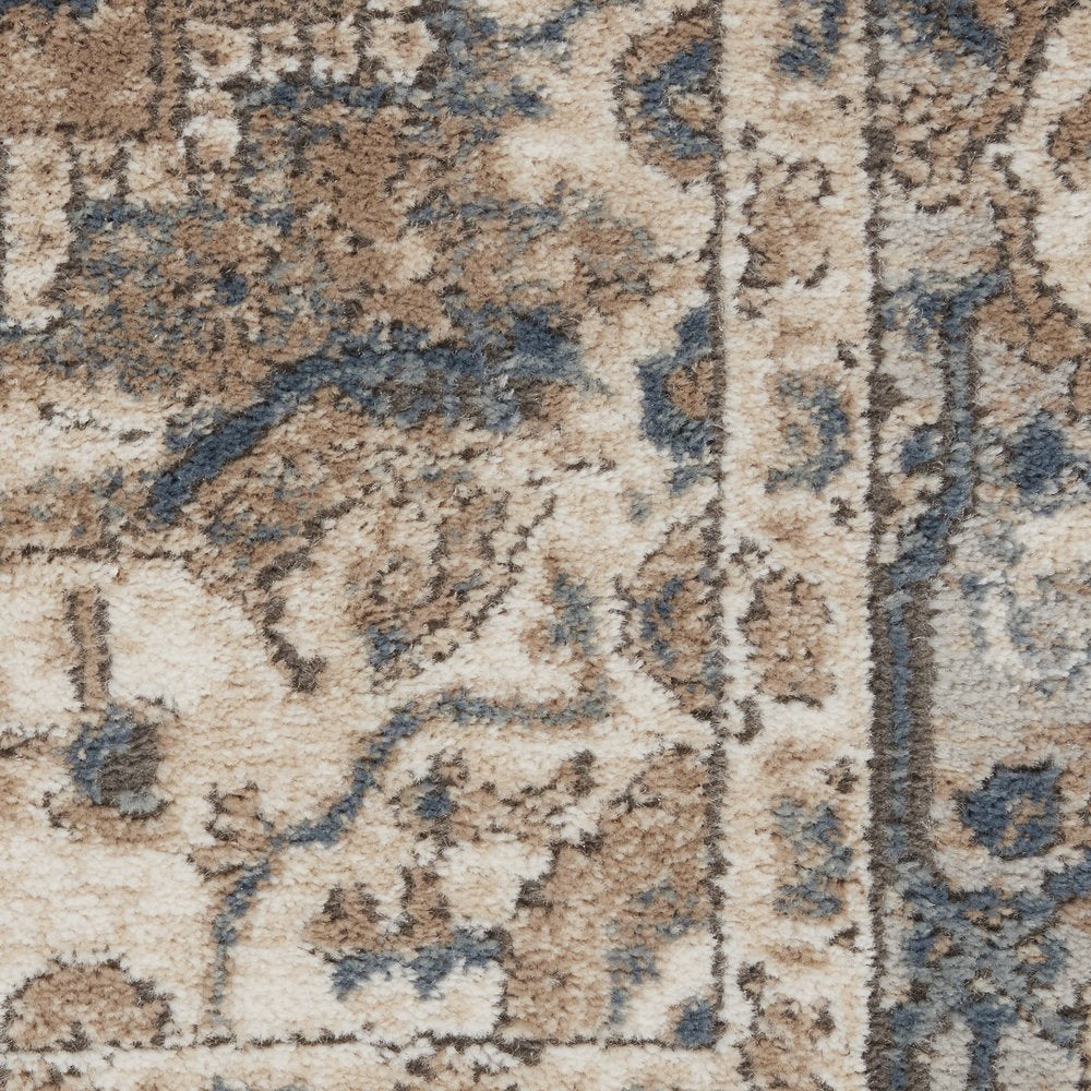 4' Beige and Gray Square Medallion Power Loom Distressed Area Rug
