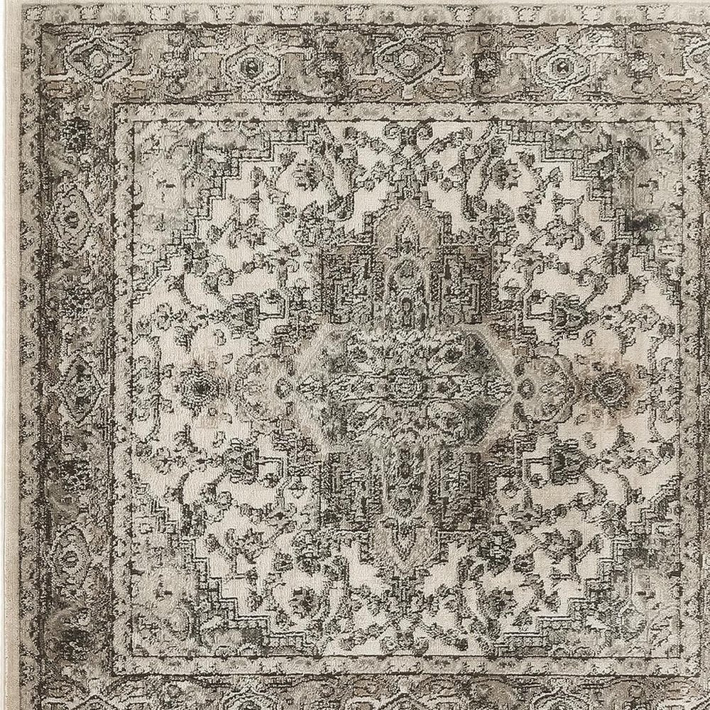 5' Gray and Ivory Square Medallion Power Loom Distressed Area Rug
