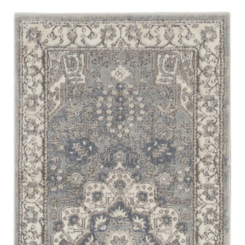 10' Beige Ivory And Gray Medallion Runner Rug