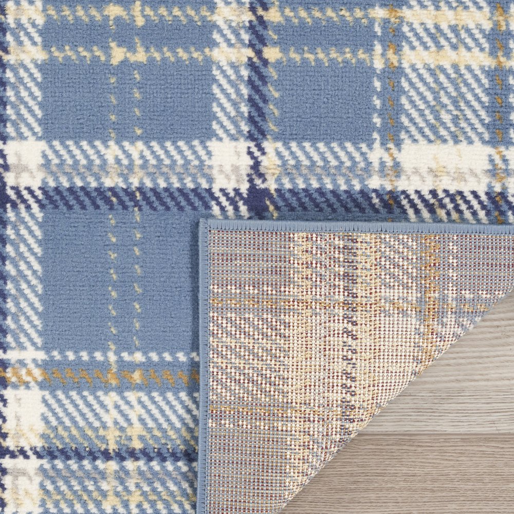 8' Blue And Beige Plaid Runner Rug