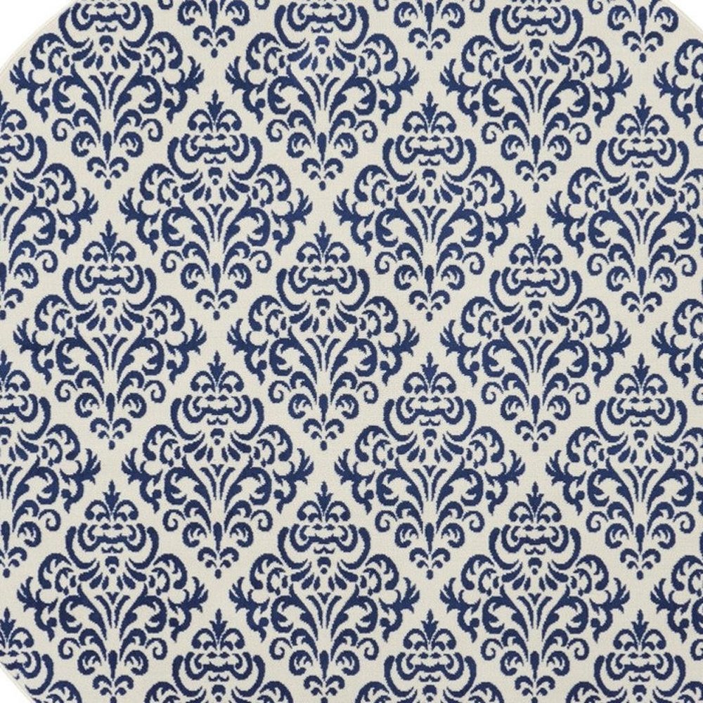 8' Blue and White Round Damask Power Loom Area Rug