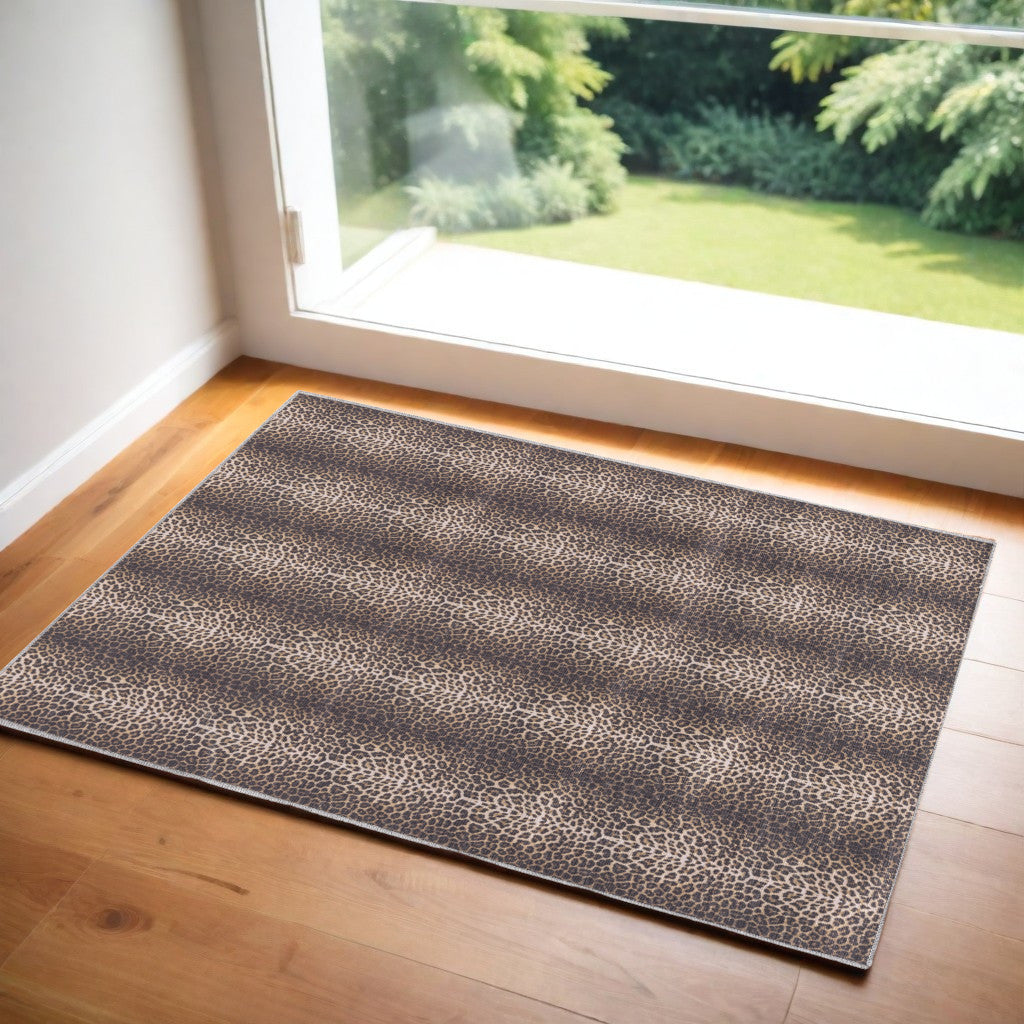 3' X 5' Yellow and Brown Leopard Print Power Loom Washable Non Skid Area Rug