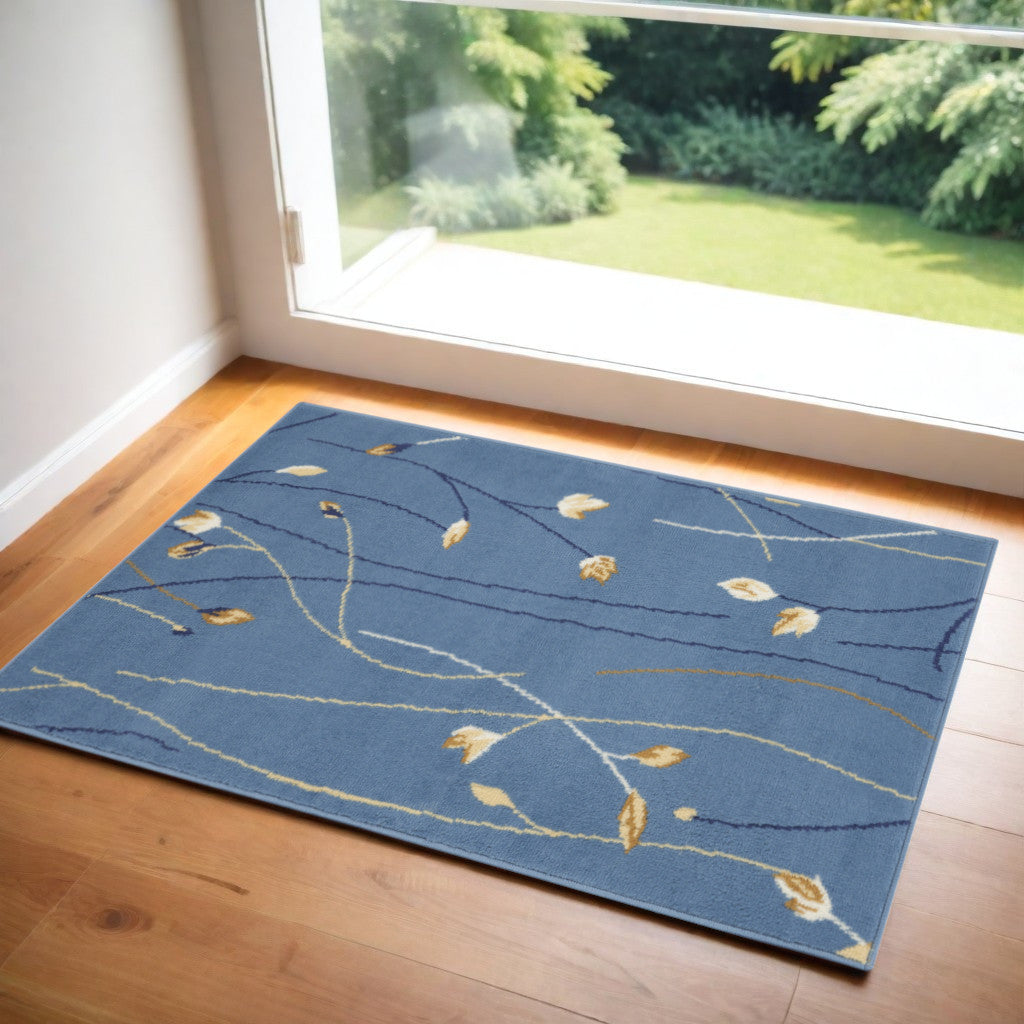 2' X 4' Blue And Beige Floral Vines Area Rug