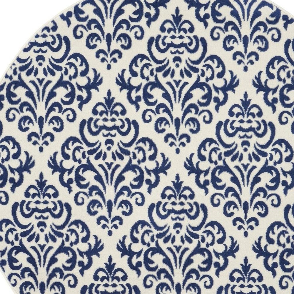 5' Blue and White Round Damask Power Loom Area Rug
