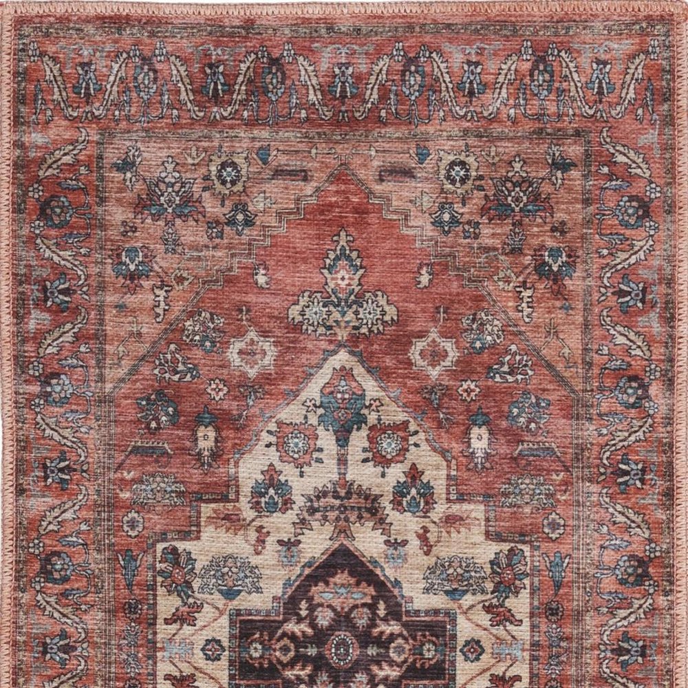 2' X 4' Beige and Red Medallion Power Loom Distressed Washable Non Skid Area Rug