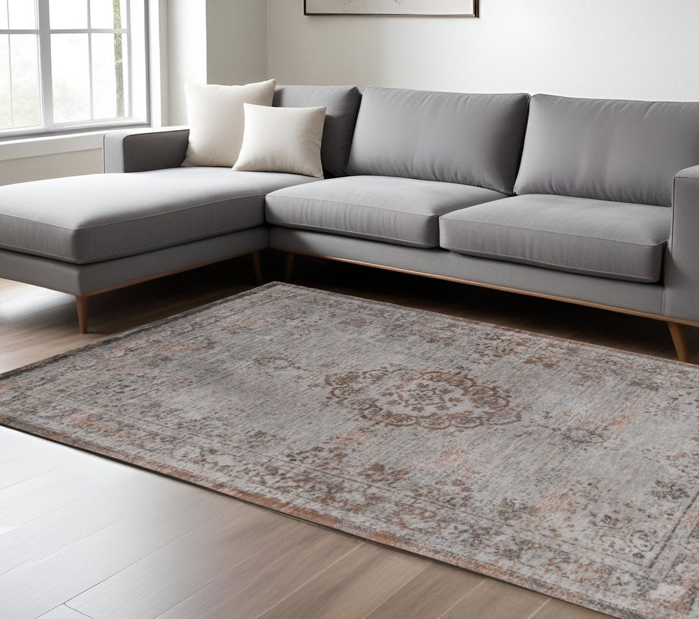 6' X 8' Gray and Beige Medallion Non Skid Area Rug