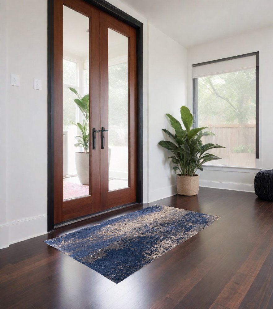 3' X 5' Blue and Gray Abstract Non Skid Area Rug