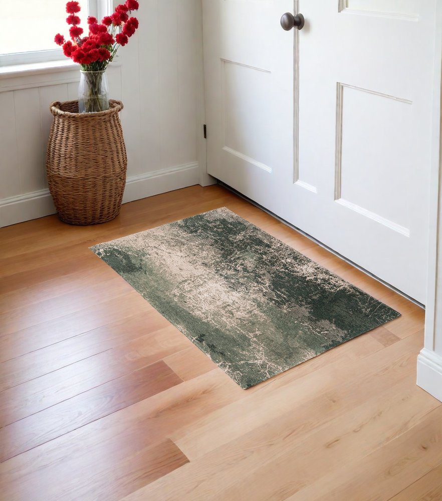 3' X 5' Beige and Green Abstract Non Skid Area Rug