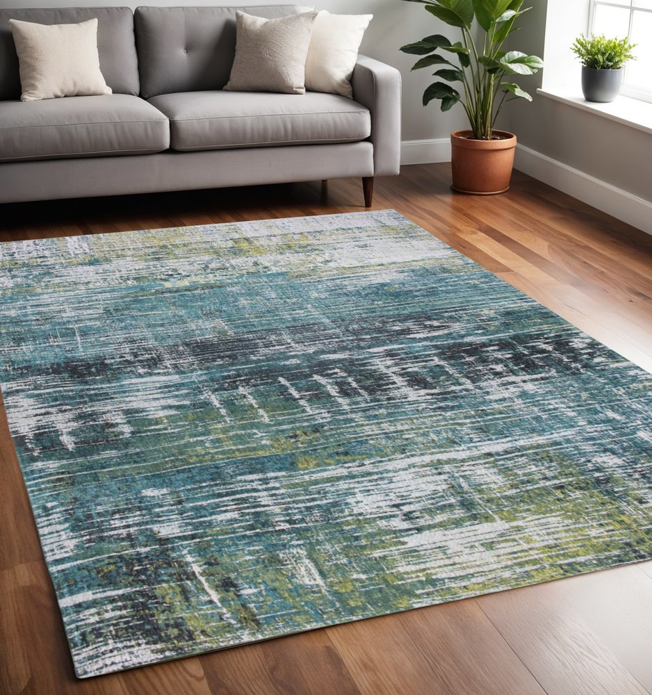5' X 7' Blue and Green Abstract Non Skid Area Rug