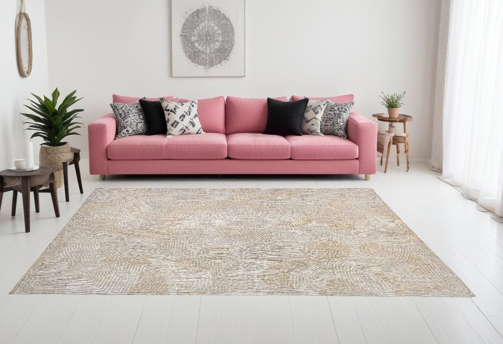 9' X 13' Beige and White Abstract Non Skid Area Rug