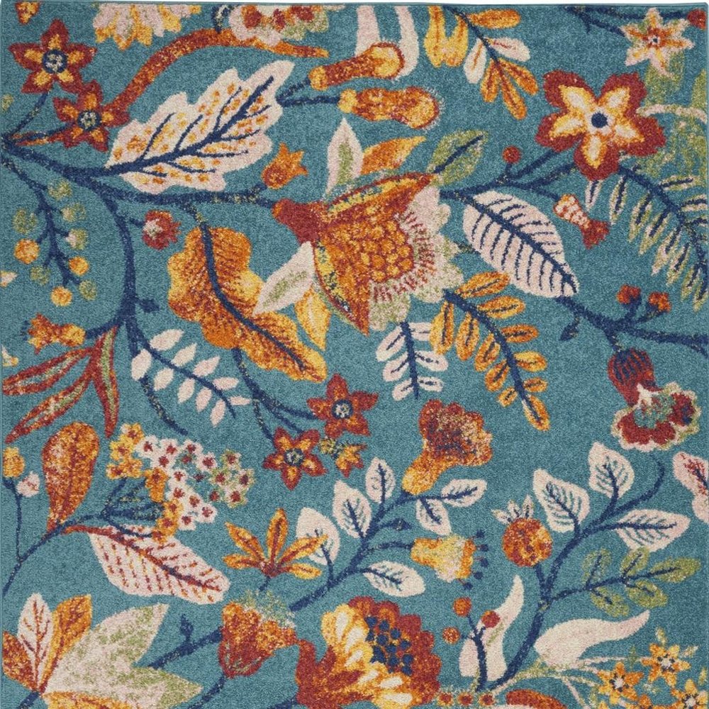 5' X 7' Aqua Floral Power Loom Area Rug