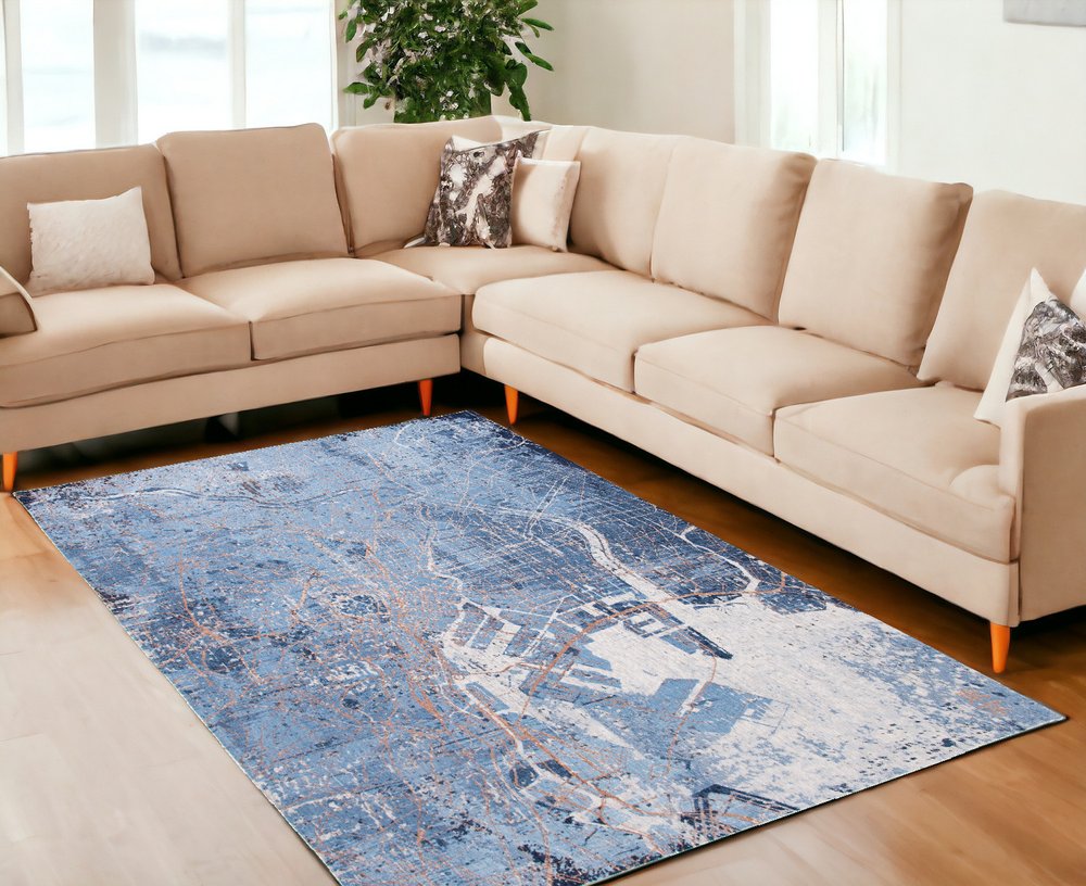 7' X 9' Blue and Black Abstract Non Skid Area Rug
