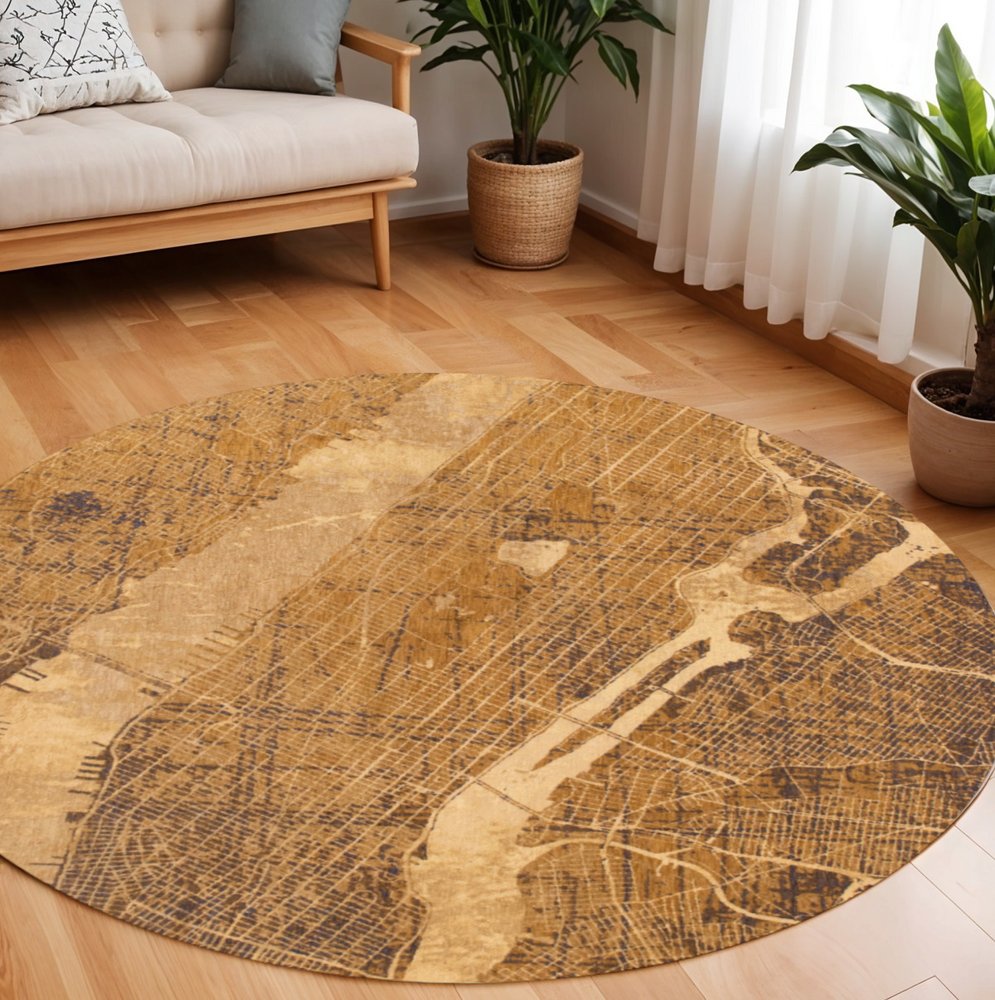 8' Yellow Round Abstract Non Skid Area Rug