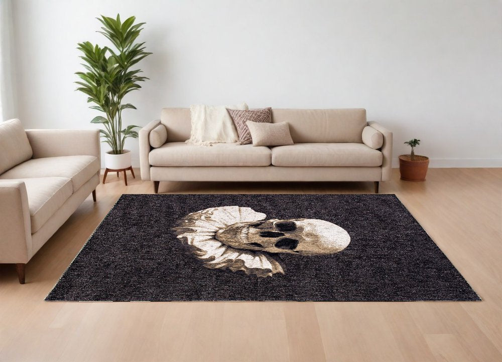 6' X 8' Black and White Funky Skull Non Skid Area Rug