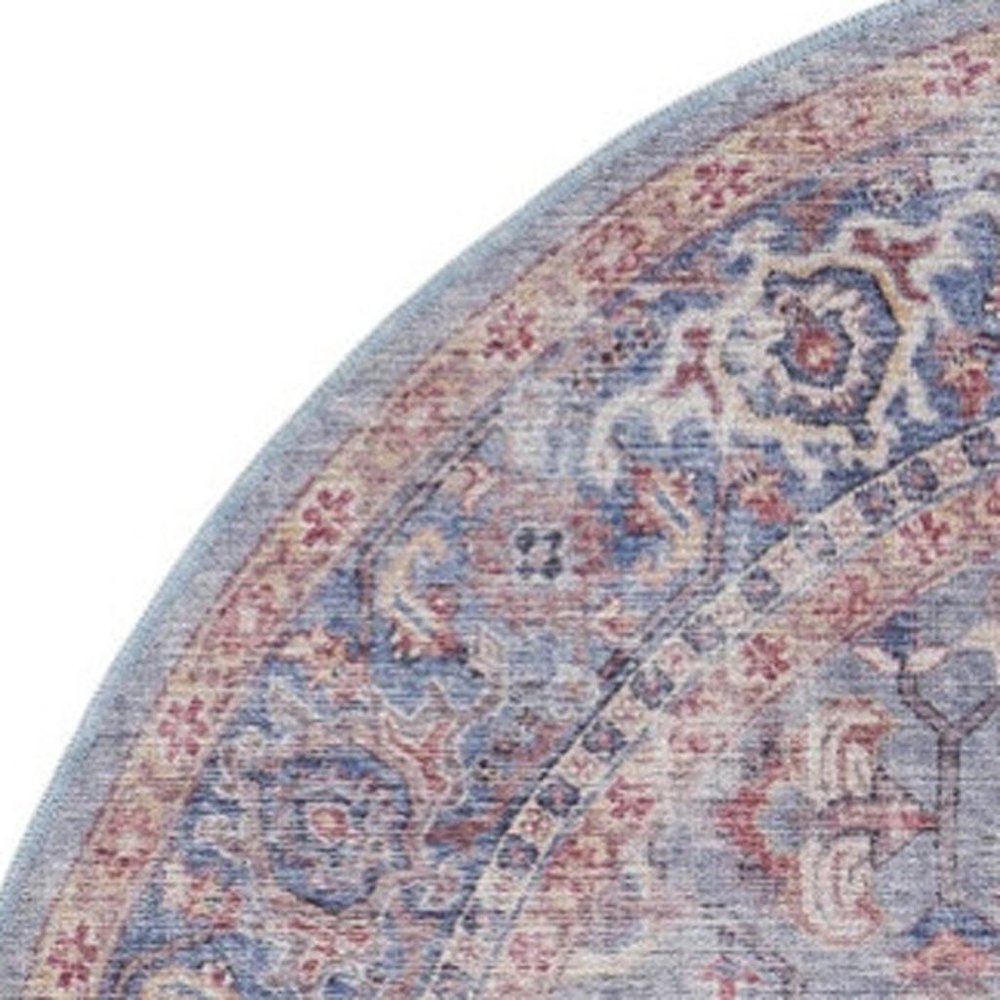 8' Blue and Red Round Floral Power Loom Distressed Area Rug