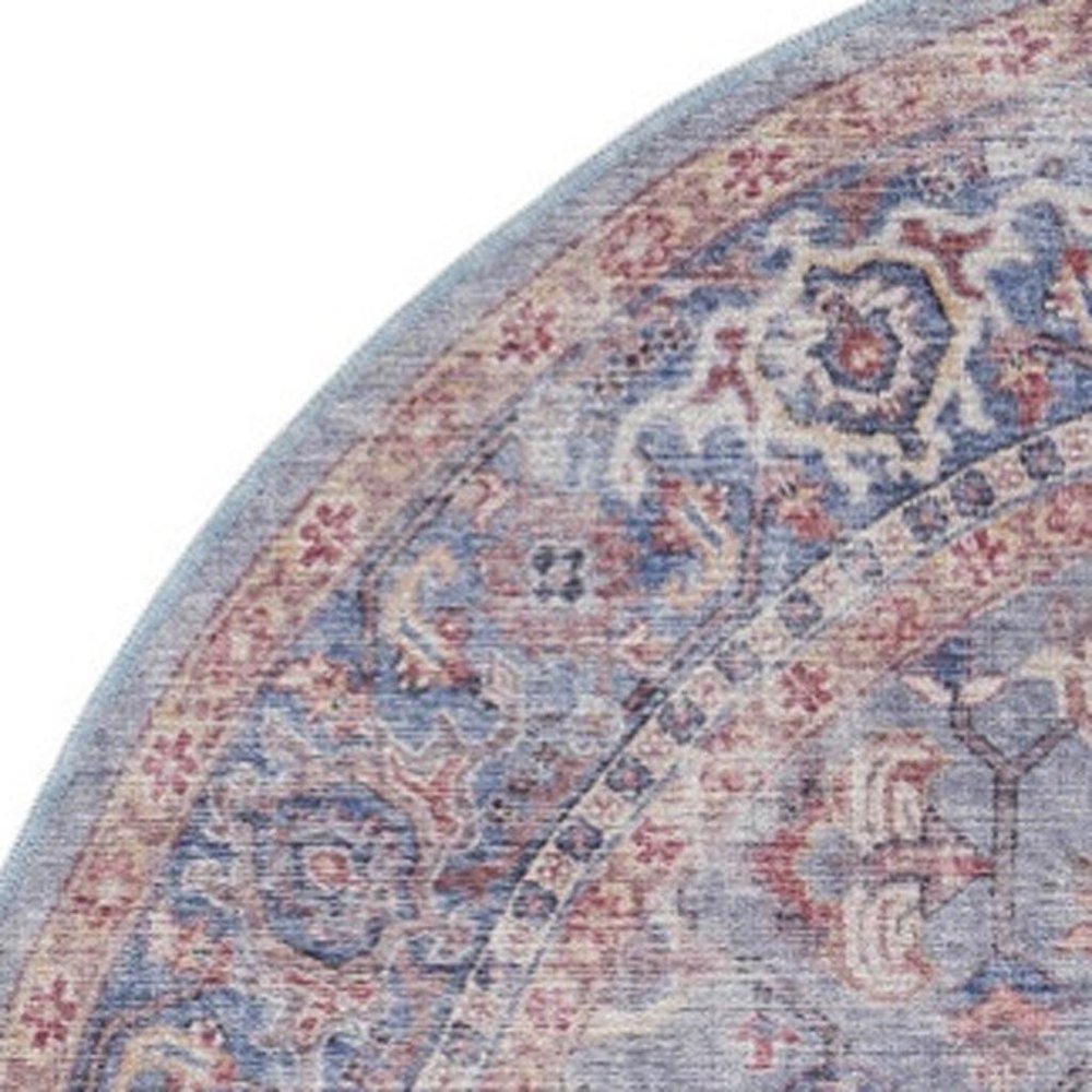 5' Blue and Purple Round Floral Power Loom Distressed Area Rug