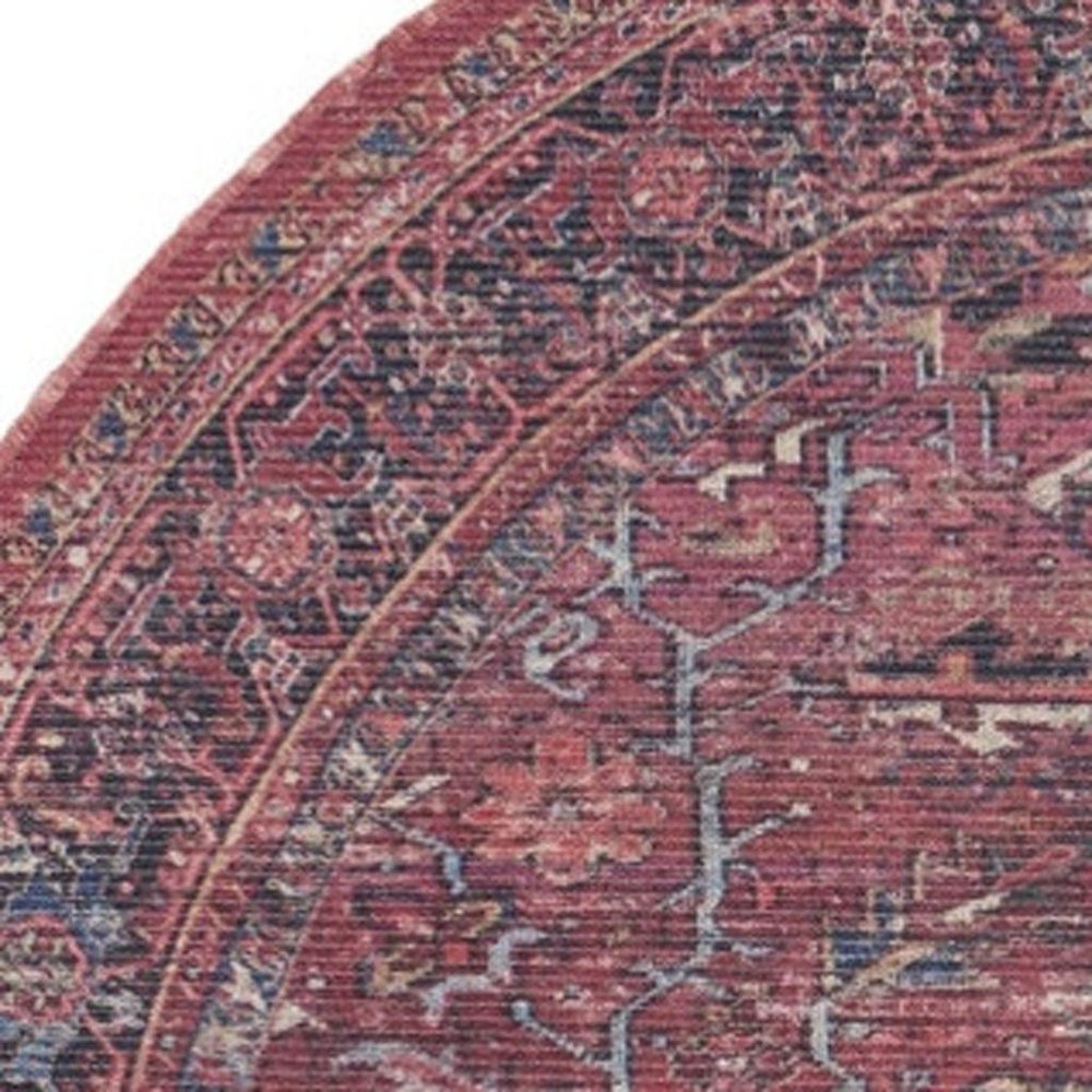 5' Red Round Floral Power Loom Distressed Area Rug