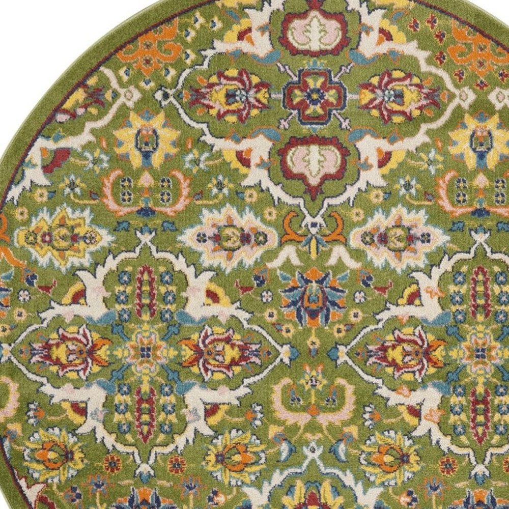 4' Green Red And Orange Floral Medallion Round Rug