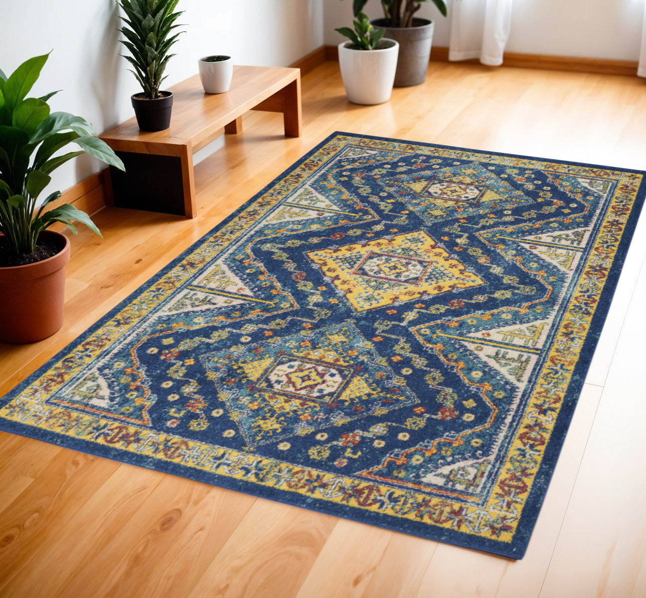 4' X 6' Blue Geometric Power Loom Area Rug