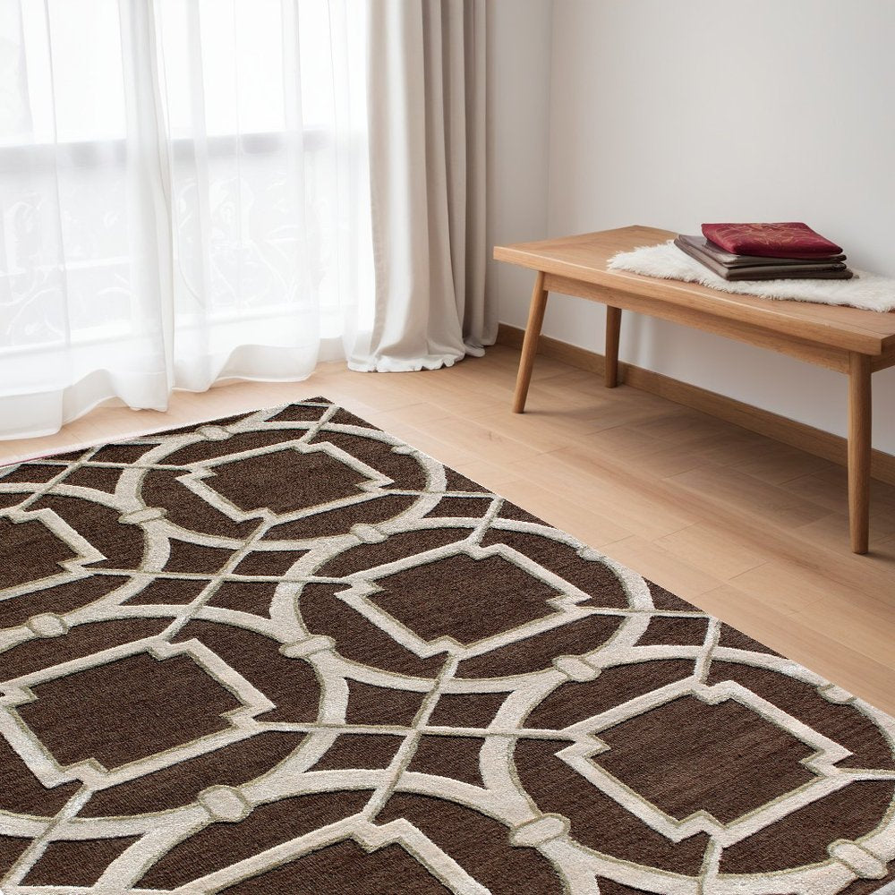5' X 8' Brown and Ivory Abstract Geometric Hand Tufted Non Skid Area Rug