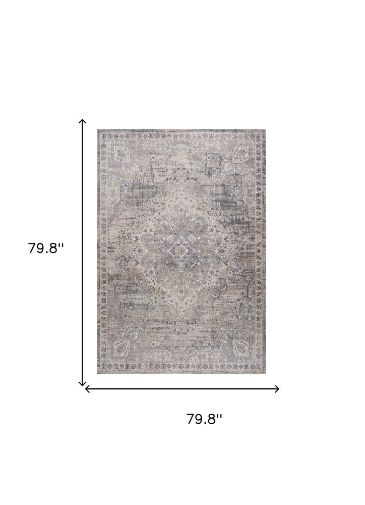 7' X 10' Gray and Beige Oriental Distressed Area Rug