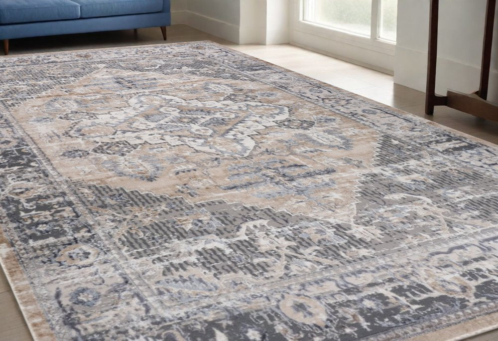 5' X 8' Gray and Brown Oriental Distressed Area Rug