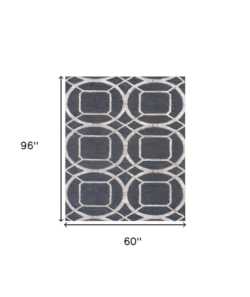 5' X 8' Charcoal and Ivory Abstract Geometric Hand Tufted Area Rug
