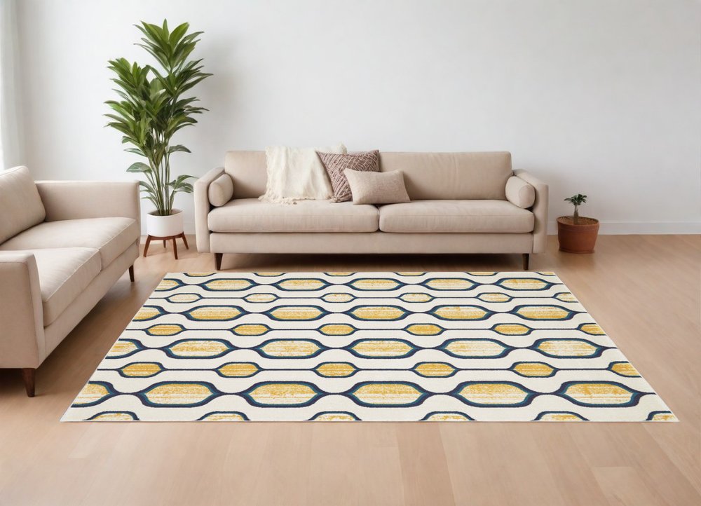 10' X 13' Ivory Blue and Yellow Geometric Power Loom Area Rug