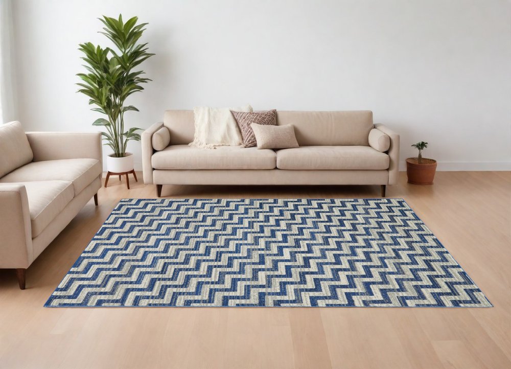 10' X 13' Blue and Gray Chevron Power Loom Area Rug