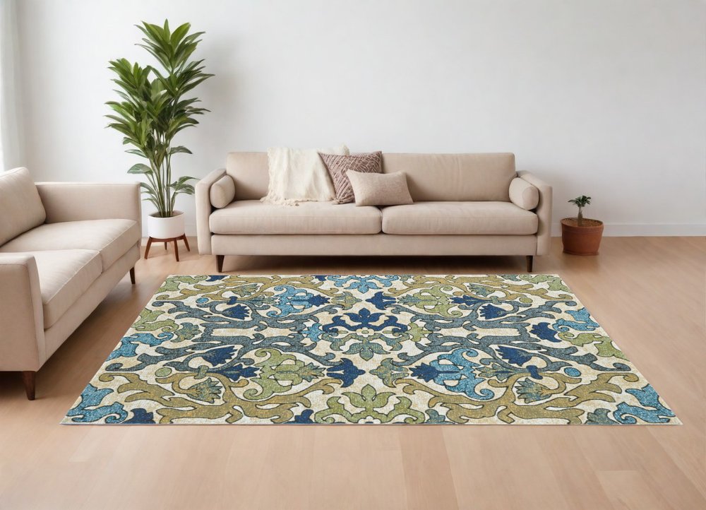7' X 10' Green Gray and Tan Floral Power Loom Area Rug