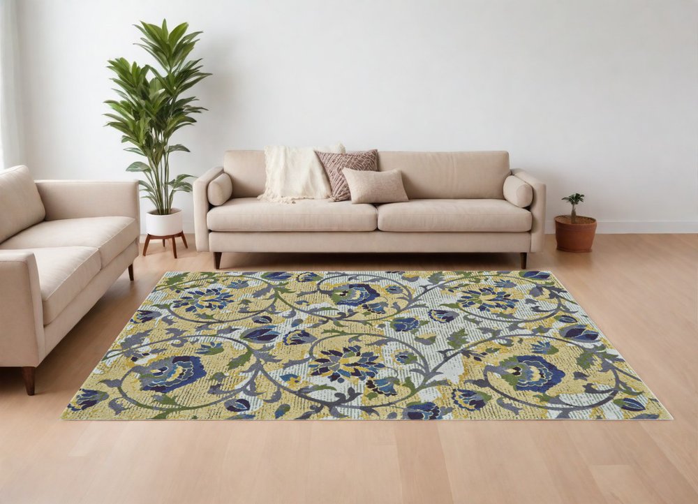 10' X 13' Gold Green and Ivory Floral Power Loom Area Rug