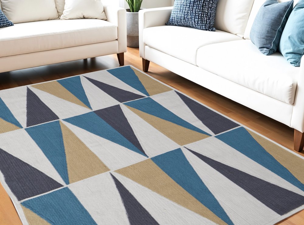 5' X 8' Blue Ivory and Gold Geometric Power Loom Area Rug