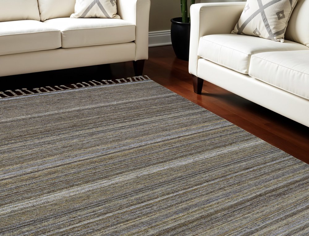 9' X 12' Gray and Green Wool Striped Hand Woven Area Rug With Fringe