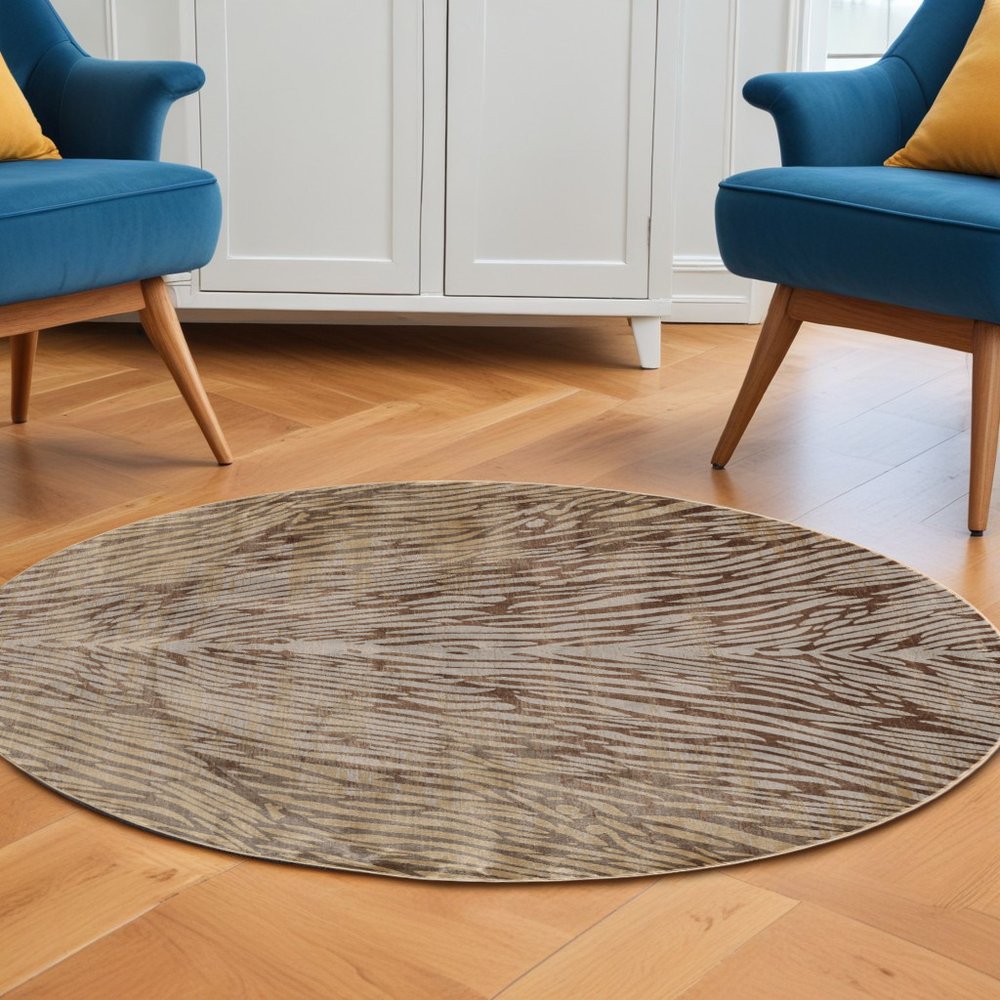 8' Brown and Tan Animal Print Power Loom Round Rug