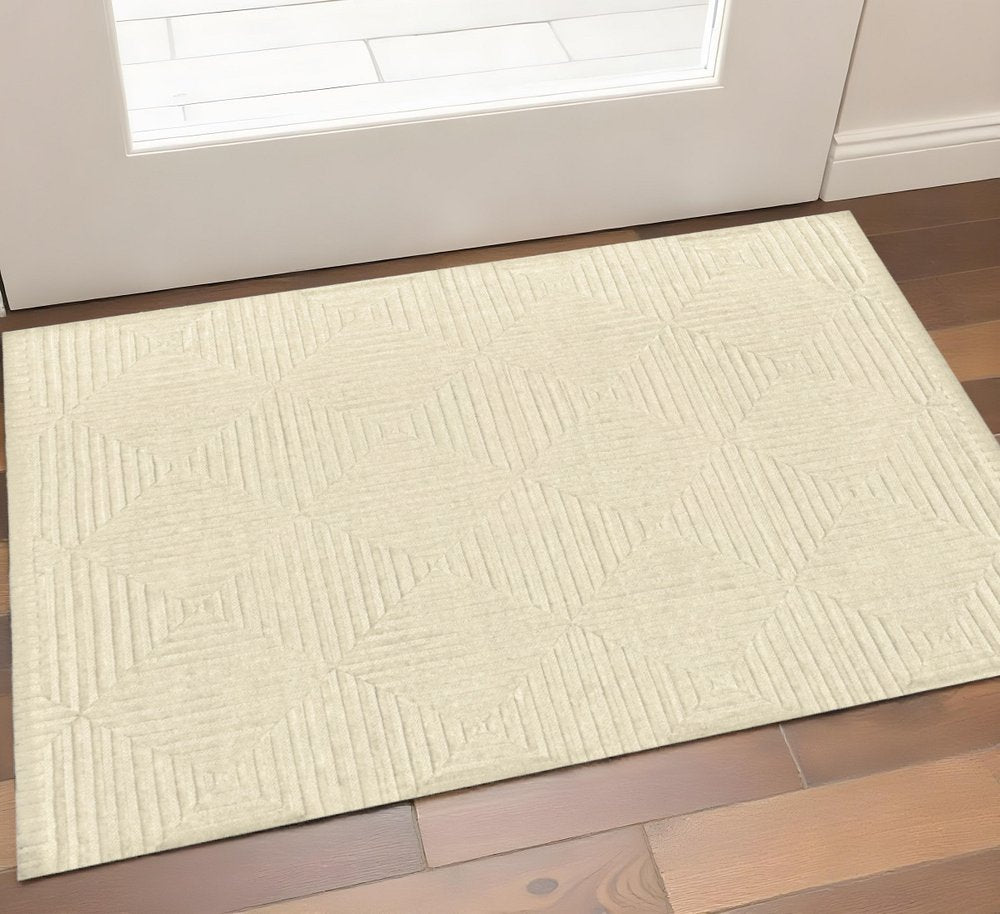 2' X 3' Ivory Wool Geometric Hand Knotted Area Rug