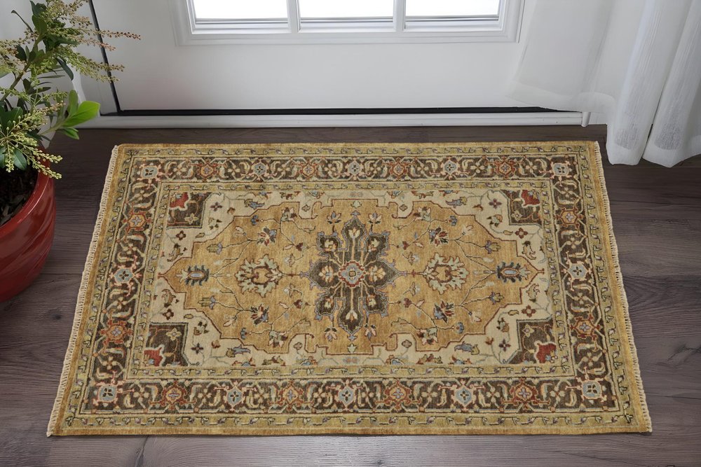 2' X 3' Tan Brown and Gold Wool Oriental Hand Knotted Area Rug