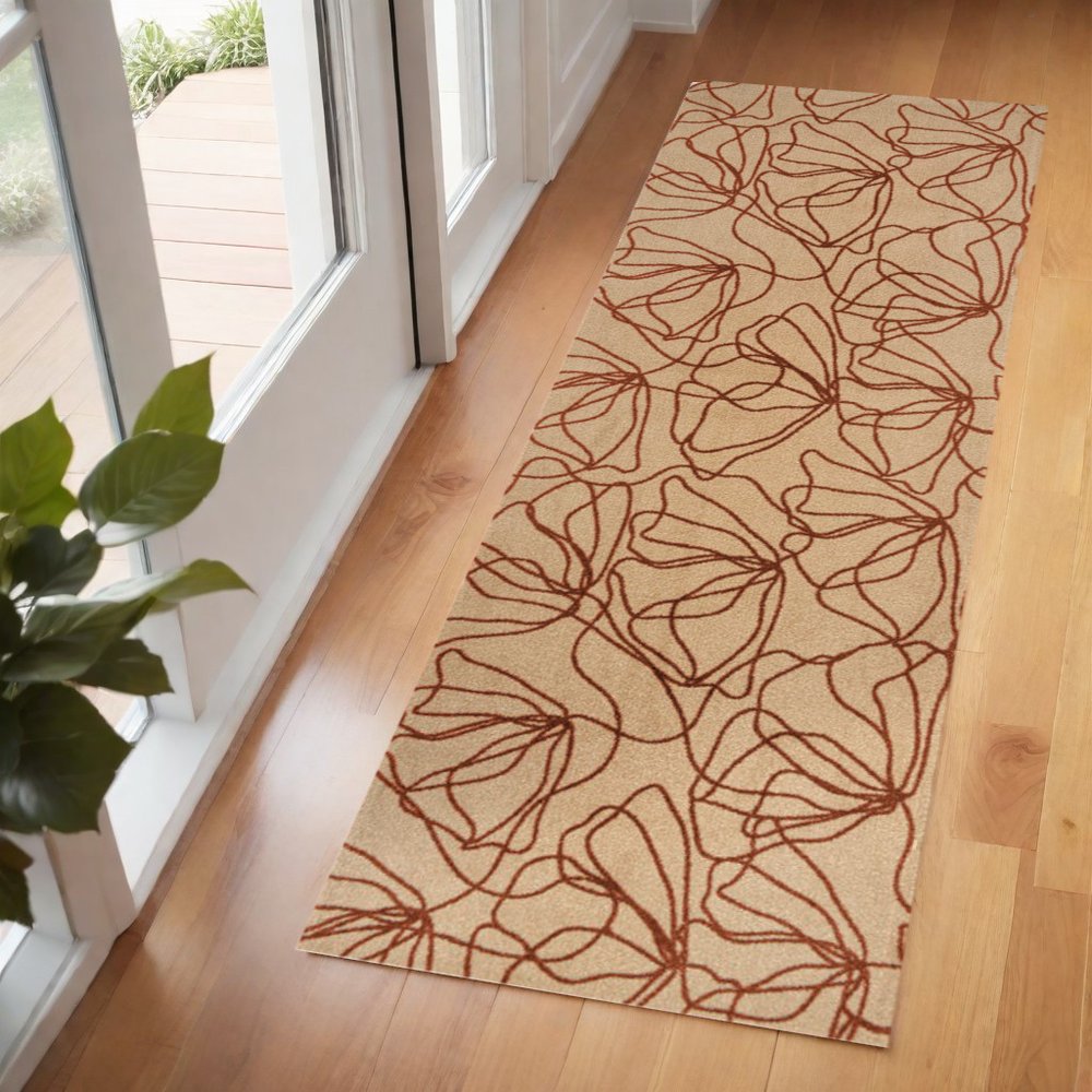 6' Beige And Bronze Floral Washable Runner Rug With UV Protection