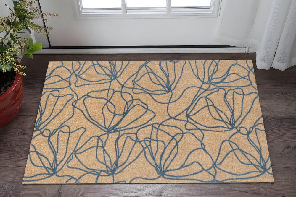 2' X 4' Beige And Blue Floral Washable Area Rug With UV Protection