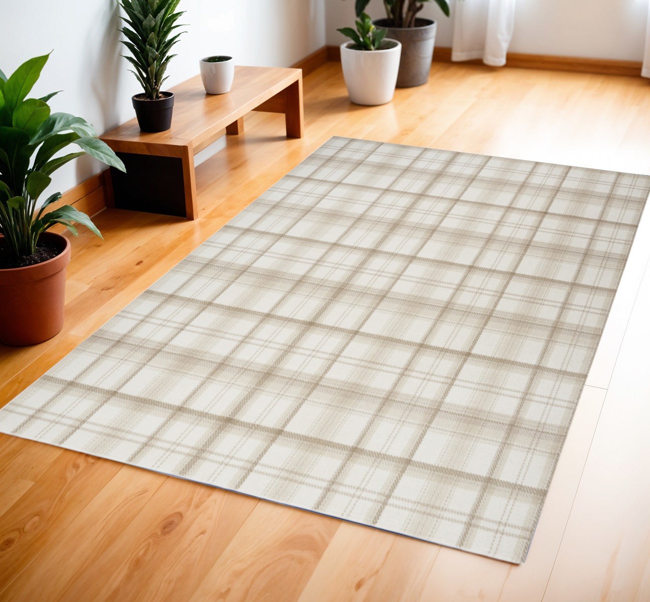 4' X 6' Ivory Plaid Power Loom Area Rug
