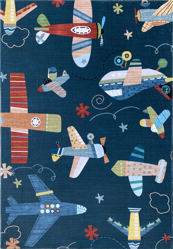 7' X 10' Navy Red and Orange Juvenile Airplanes Youthful Area Rug