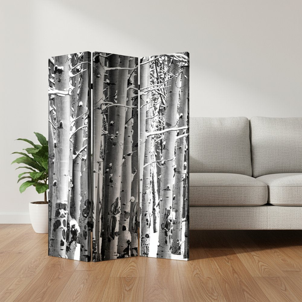 48" X 72" Gray And White Wood Canvas Birch  Screen
