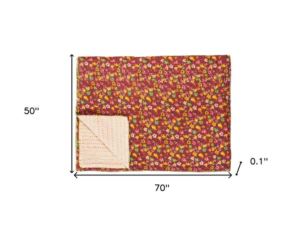 50" X 70" Orange Blue and Yellow Cotton Kantha Patchwork with Embroidery