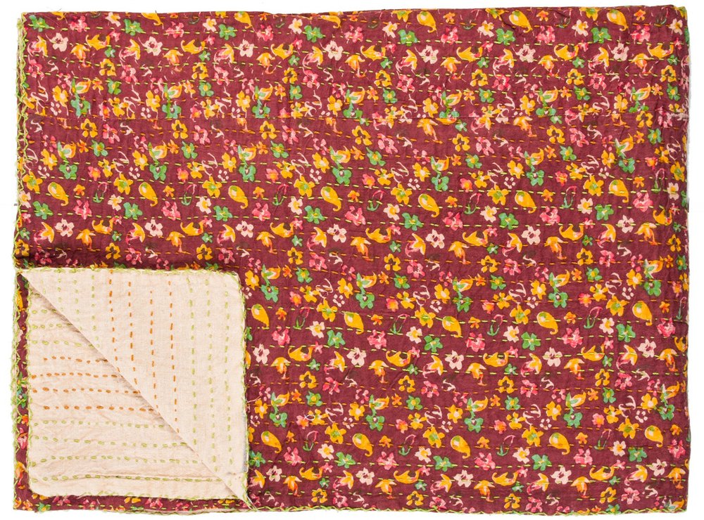 50" X 70" Orange Blue and Yellow Cotton Kantha Patchwork with Embroidery