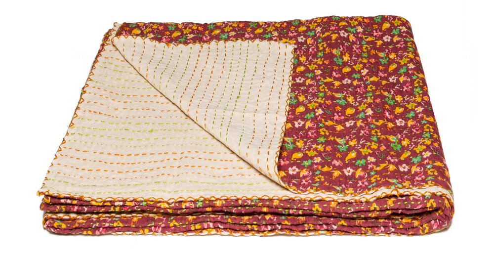 50" X 70" Orange Blue and Yellow Cotton Kantha Patchwork with Embroidery