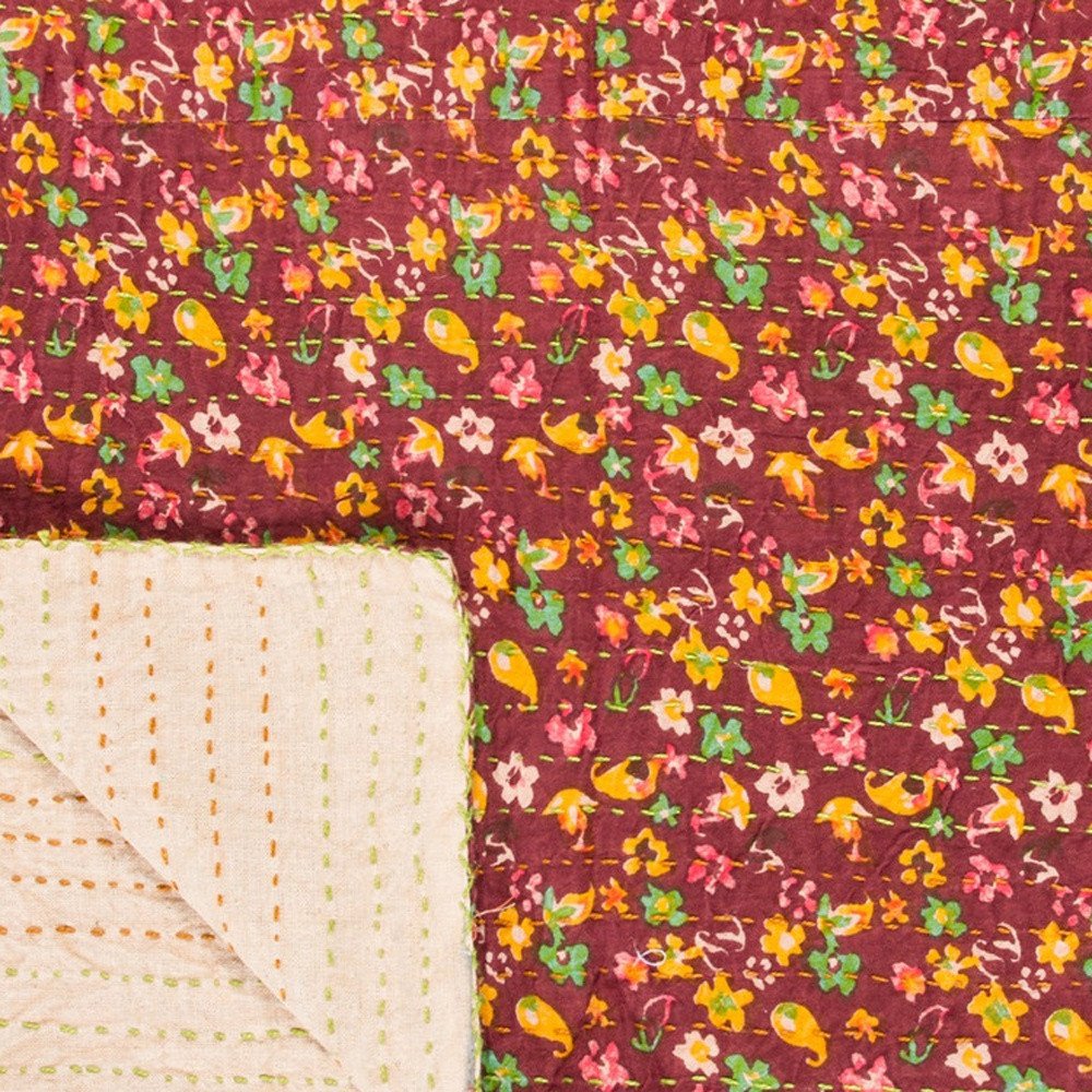 50" X 70" Orange Blue and Yellow Cotton Kantha Patchwork with Embroidery