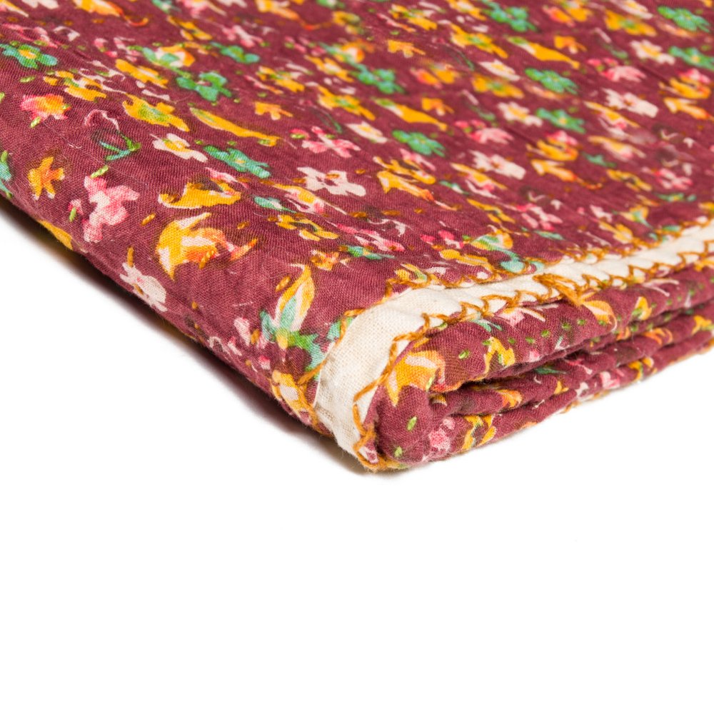 50" X 70" Orange Blue and Yellow Cotton Kantha Patchwork with Embroidery